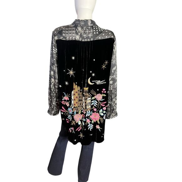 Johnny Was Black Cordelia Silk Velvet Embroidered Tunic Blouse Top Large - Picture 5 of 8